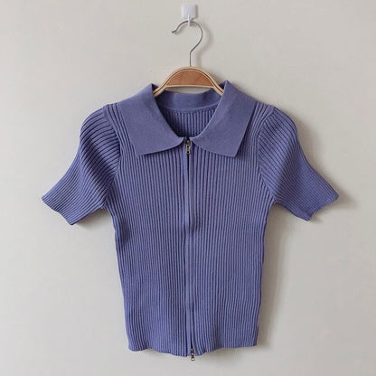 Short-Sleeve Collared Plain Zip Knit Top SpreePicky