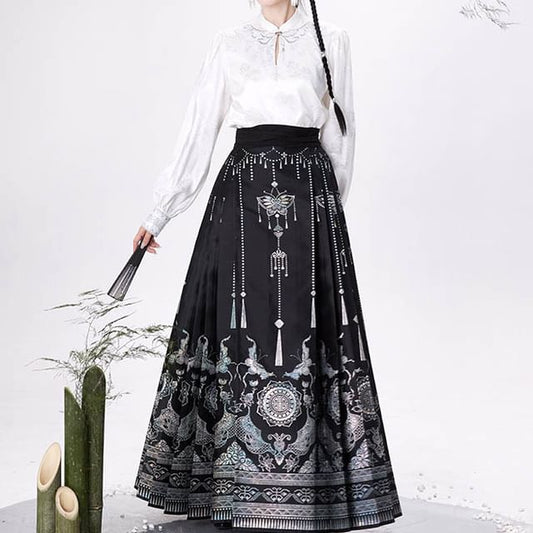 Traditional Chinese Long-Sleeve Top / Print Maxi A-Line Pleated Skirt / Set SpreePicky