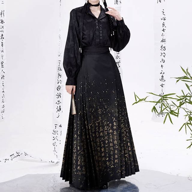 Traditional Chinese Long-Sleeve Top / Chinese Character Maxi Pleated A-Line Skirt / Hair Tie / Set SpreePicky