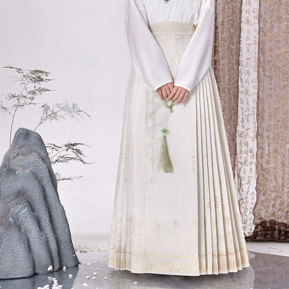 Traditional Chinese Long-Sleeve Top / Pleated Maxi A-Line Skirt SpreePicky