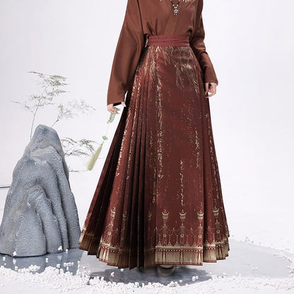 Traditional Chinese Long-Sleeve Top / Pleated Maxi A-Line Skirt SpreePicky