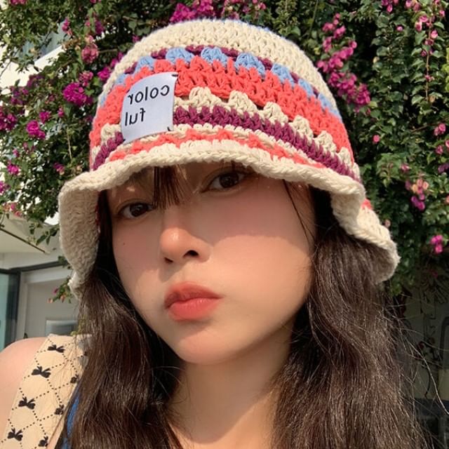 Lettering Applique Patterned Knit Bucket Hat SpreePicky