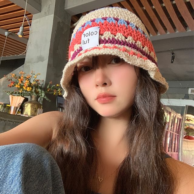 Lettering Applique Patterned Knit Bucket Hat SpreePicky