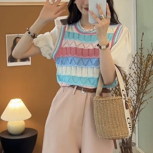 Mock Two-Piece Short-Sleeve Crewneck Striped Knit Top SpreePicky