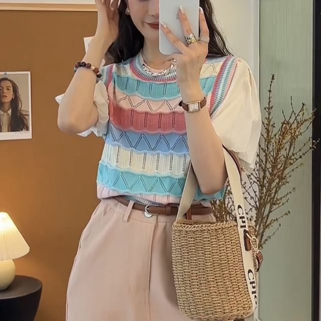 Mock Two-Piece Short-Sleeve Crewneck Striped Knit Top SpreePicky