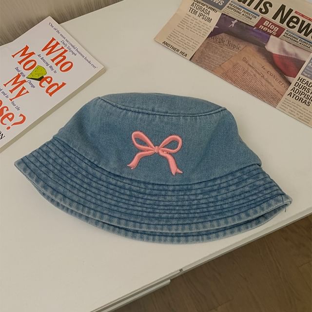 Bow Embroidered Denim Bucket Hat SpreePicky