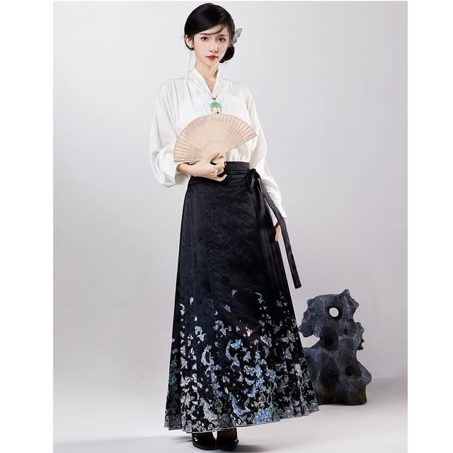 High Waist Butterfly Print Maxi Ma Mian Skirt SpreePicky