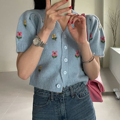 Short-Sleeve Floral Embroidered Button-Up Knit Top SpreePicky