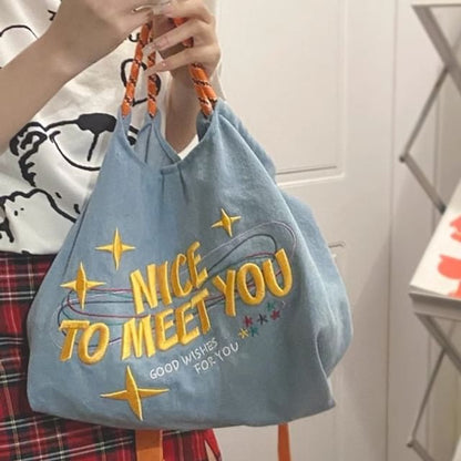 Lettering Embroidered Denim Crossbody Tote Bag SpreePicky