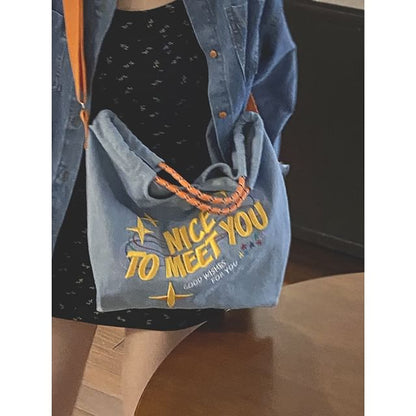 Lettering Embroidered Denim Crossbody Tote Bag SpreePicky