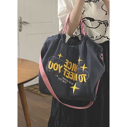 Lettering Embroidered Denim Crossbody Tote Bag SpreePicky