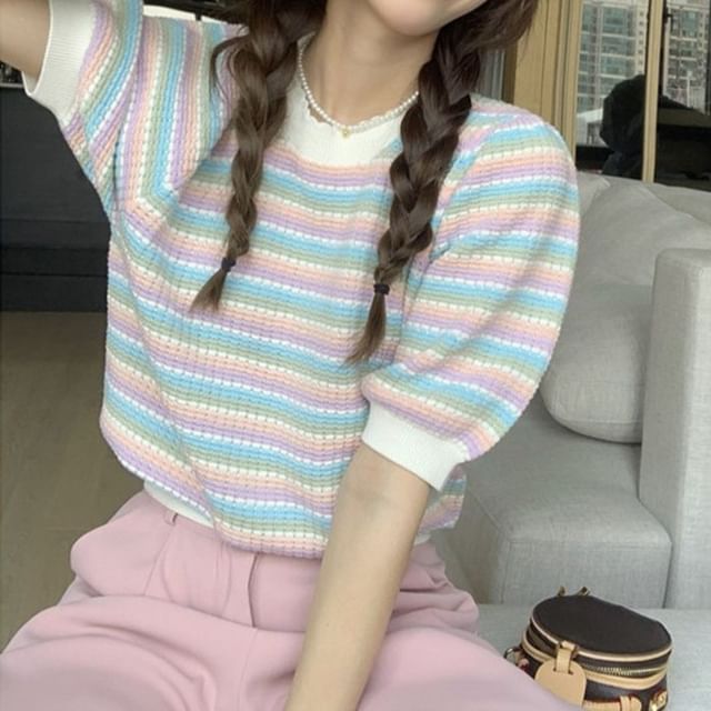 Short-Sleeve Round Neck Striped Knit Top SpreePicky