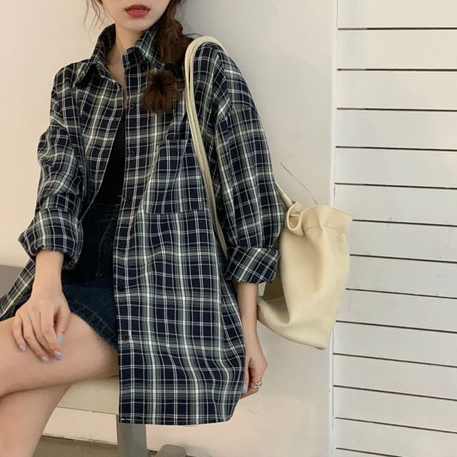 Long-Sleeve Plaid Shirt / Drawstring Waist Baggy Pants SpreePicky