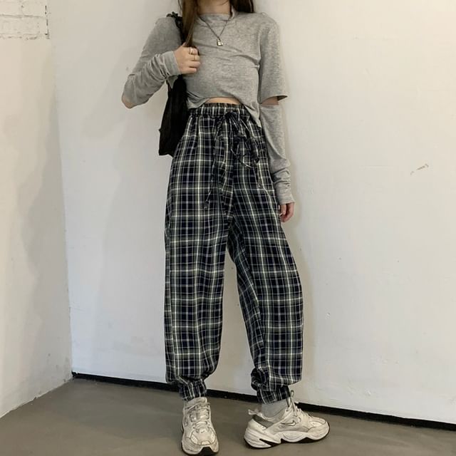 Long-Sleeve Plaid Shirt / Drawstring Waist Baggy Pants SpreePicky