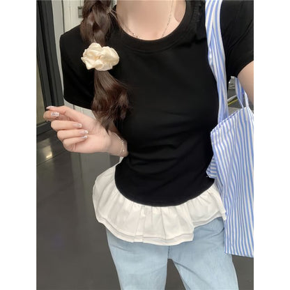 Short-Sleeve Crew Neck Peplum Slim Fit Tee SpreePicky