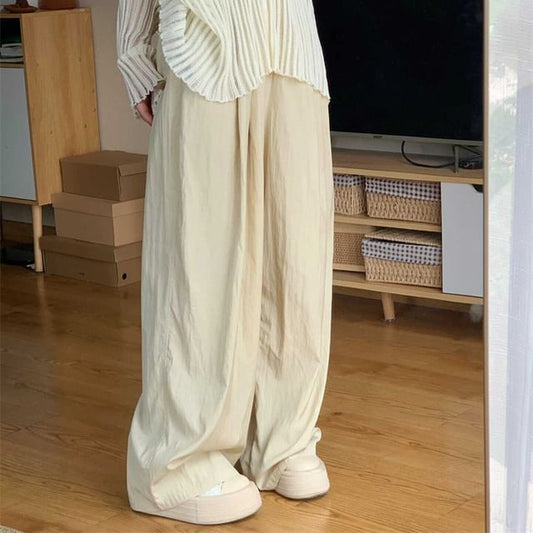 Elastic Waist Plain Wide Leg Pants SpreePicky