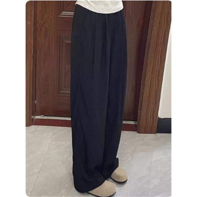 Elastic Waist Plain Wide Leg Pants SpreePicky