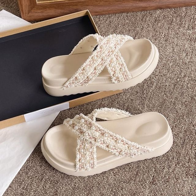 Platform Cross Strap Tweed Faux Pearl Accent Sandals SpreePicky