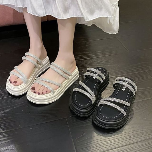 Rhinestone Strappy Platform Slide Sandals mySite