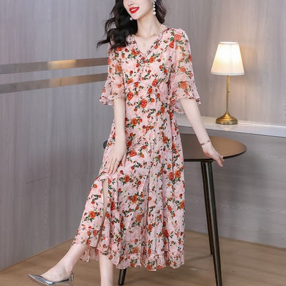 Short-Sleeve V-Neck Floral Print Frill Midi A-Line Dress SpreePicky