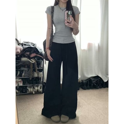 Mid Waist Plain Wide Leg Pants SpreePicky