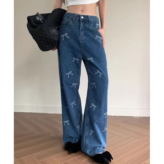 Low Waist Bow Print Wide Leg Jeans SpreePicky