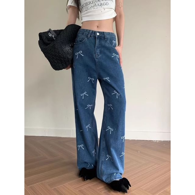 Low Waist Bow Print Wide Leg Jeans SpreePicky