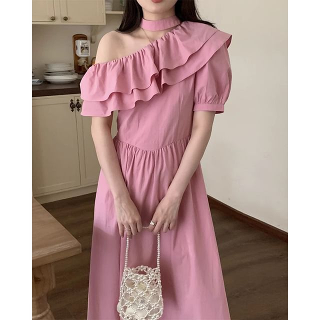 Puff-Sleeve One-Shoulder Plain Ruffle Maxi A-Line Dress SpreePicky