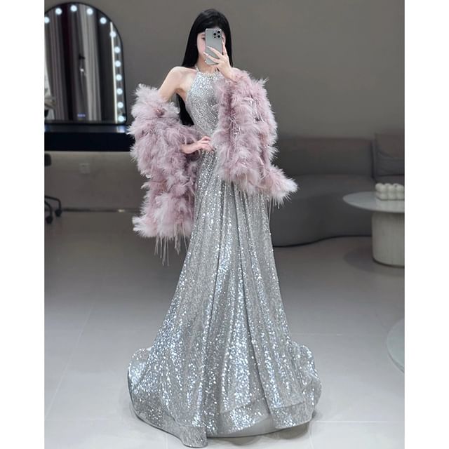 / Gown Halter-Neck Set Cape Sequined Fluffy Evening Shirred A-Line FashionChic