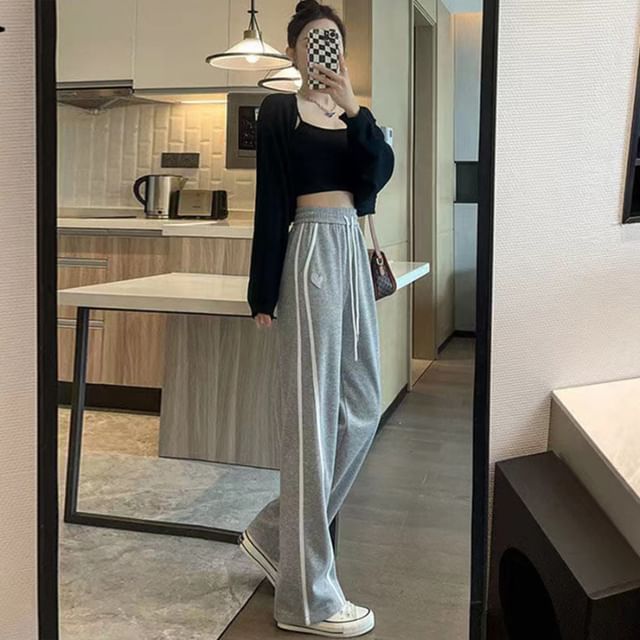 High Waist Heart Embroidered Striped Straight-Fit Wide-Leg Sweatpants SpreePicky