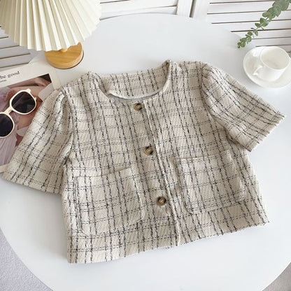 Short-Sleeve Plaid Pocket Detail Blouse mySite