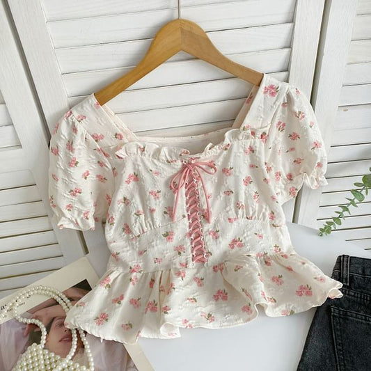 Short-Sleeve Floral Lace-Up Peplum Blouse mySite