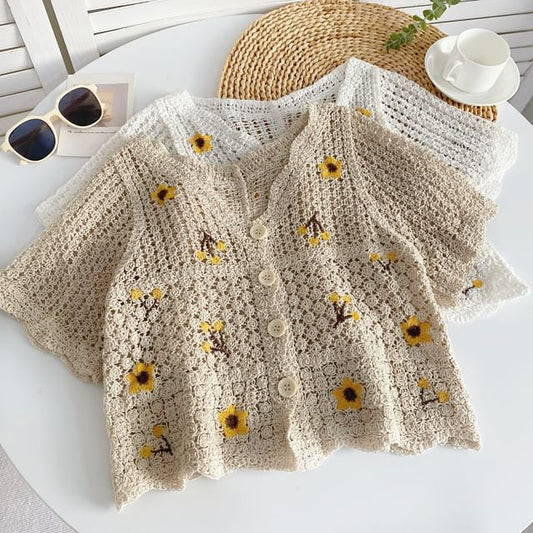 Short-Sleeve V-Neck Flower Embroidered Crochet Knit Top mySite