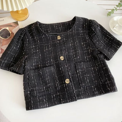 Short-Sleeve Plaid Pocket Detail Blouse mySite