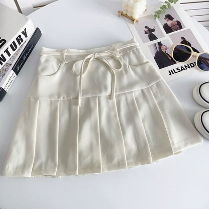 High Rise Plain Pleated Mini A-Line Skirt mySite