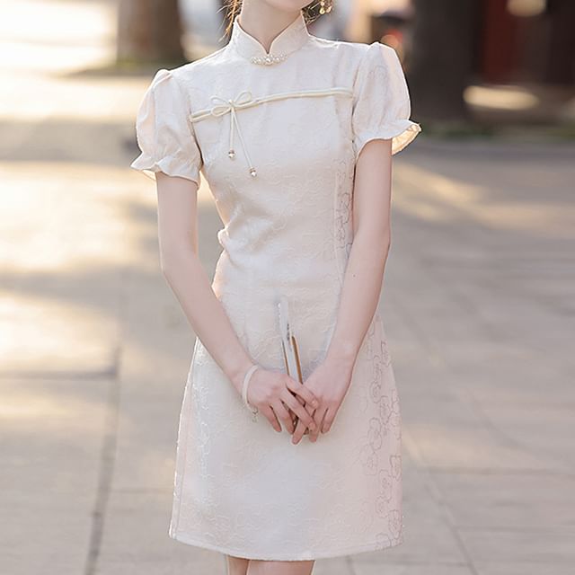 Puff-Sleeve Stand Collar Bow Mini A-Line Lace Dress SpreePicky