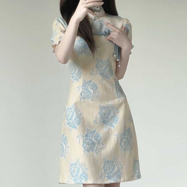 Puff-Sleeve Stand Collar Bow Mini A-Line Lace Dress SpreePicky