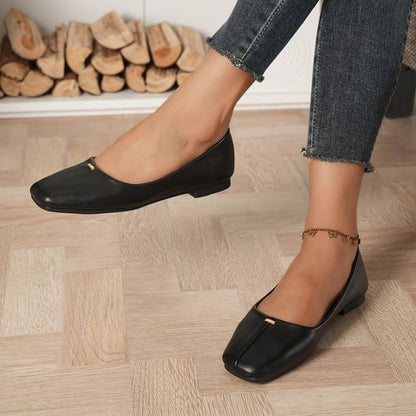 Square Toe Plain Faux Leather Flats SpreePicky