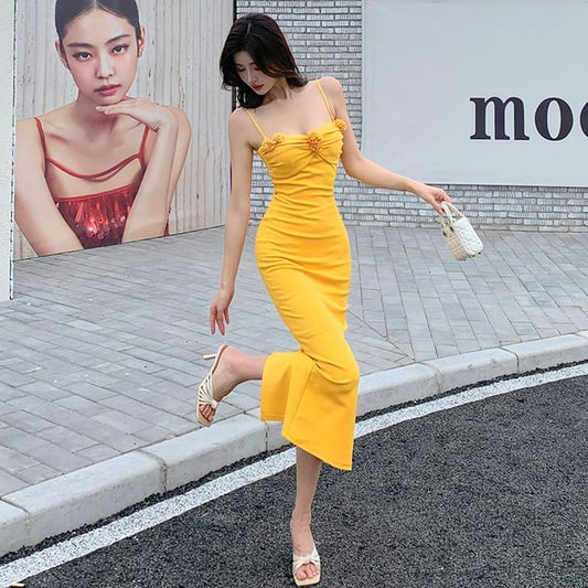 Spaghetti Strap Plain Floral Shirred Midi Bodycon Dress SpreePicky