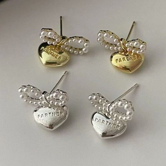 Faux Pearl Bow Heart Drop Earring SpreePicky