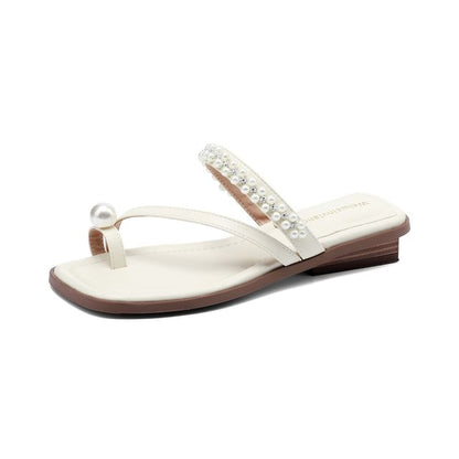 Faux Pearl Toe Loop Slide Sandals SpreePicky