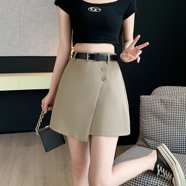 High Waist Plain Asymmetrical Buttoned Mini A-Line Skirt SpreePicky