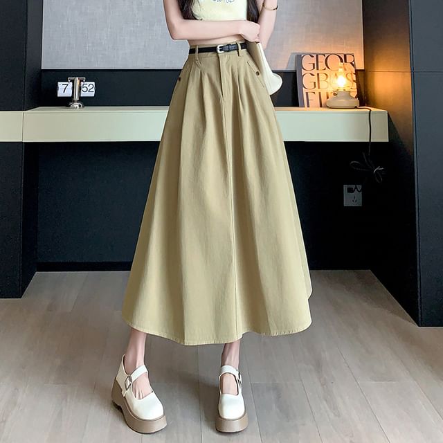 High Waist Plain Pleated Midi A-Line Denim Skirt SpreePicky