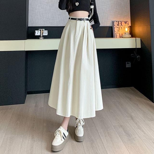 High Waist Plain Pleated Midi A-Line Denim Skirt SpreePicky