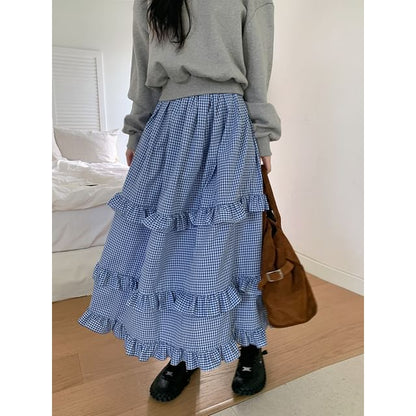 High Waist Plaid Maxi Tiered Skirt SpreePicky