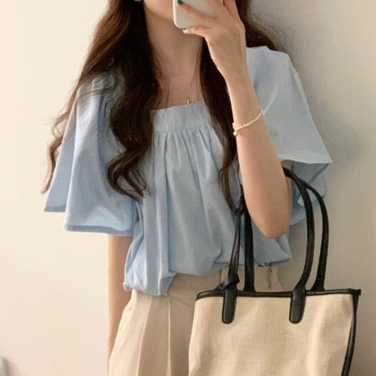 Short-Sleeve Square Neck Plain Blouse mySite