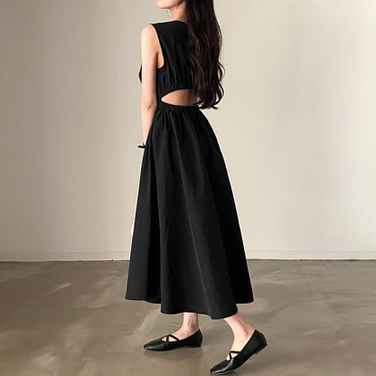 Sleeveless Plain Open Back Maxi A-Line Dress mySite