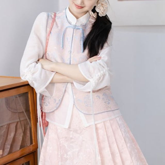 Puff-Sleeve Plain Blouse / Frog Buttoned Hanfu Vest / High Waist Mini Pleated A-Line Skirt SpreePicky