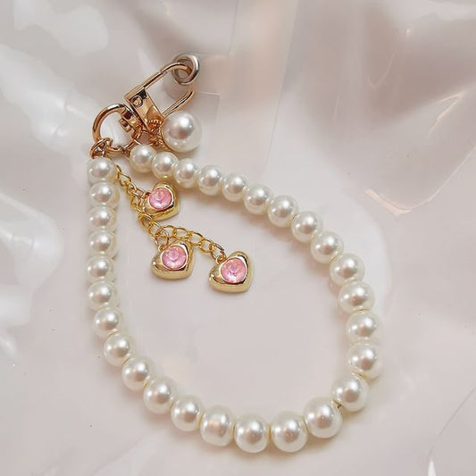 Heart Faux Pearl Phone Strap with Lanyard Pad SpreePicky