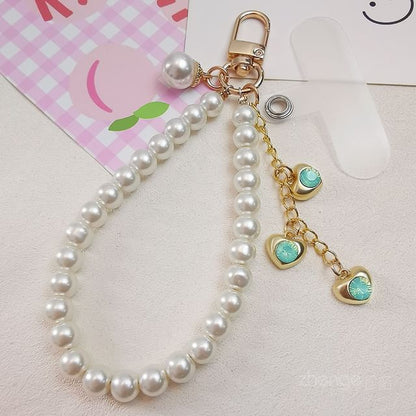 Heart Faux Pearl Phone Strap with Lanyard Pad SpreePicky